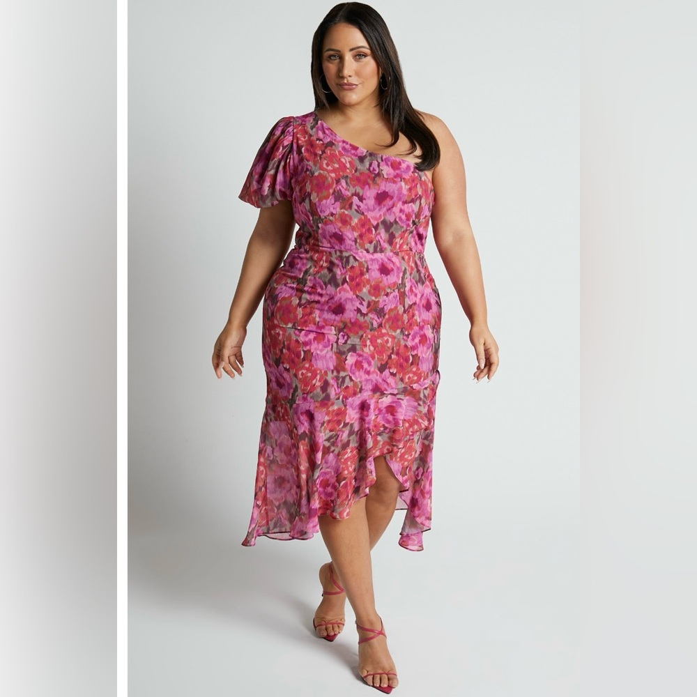 Brand new pink floral one shoulder formal dress